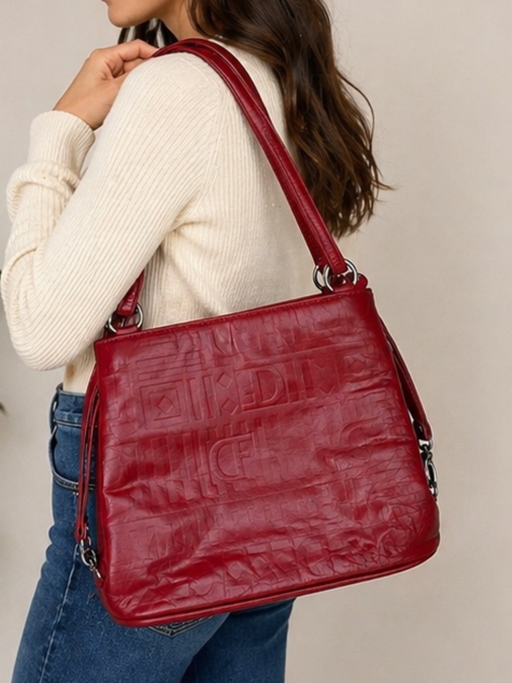 Vintage Due Fratelli Genuine Leather Shoulder Bag Red Embossed Made in Canada